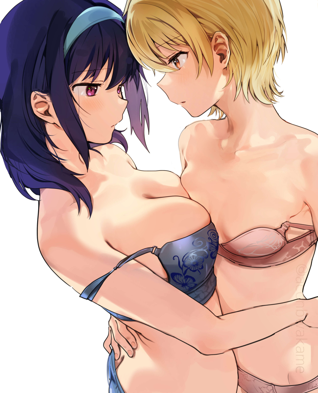 2girls ass asymmetrical_docking bangs bare_shoulders blonde_hair blue_bra blue_hair blue_panties bra breast_press breasts butt_crack eyebrows_visible_through_hair flat_chest hair_between_eyes hairband harumi_hana highres ichihara_chiaki konbu_wakame medium_breasts medium_hair multiple_girls off_shoulder panties pink_bra pink_panties sekai_de_ichiban_oppai_ga_suki! short_hair sidelocks simple_background strap_slip twitter_username underwear underwear_only violet_eyes white_background yuri