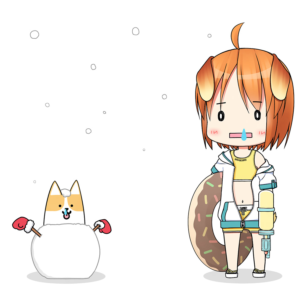 0_0 1girl ahoge animal animal_ears bangs bare_shoulders blush brown_hair chibi commentary_request crop_top dog dog_ears dog_girl dog_tail eyebrows_visible_through_hair fur-trimmed_mittens fur_trim holding innertube inuarashi jacket meiko_(inuarashi) mittens navel off_shoulder open_clothes open_jacket open_mouth original rectangular_mouth red_mittens sandals shadow short_shorts short_sleeves shorts snot snowing snowman solo standing tail water_gun white_background white_footwear white_jacket yellow_shorts