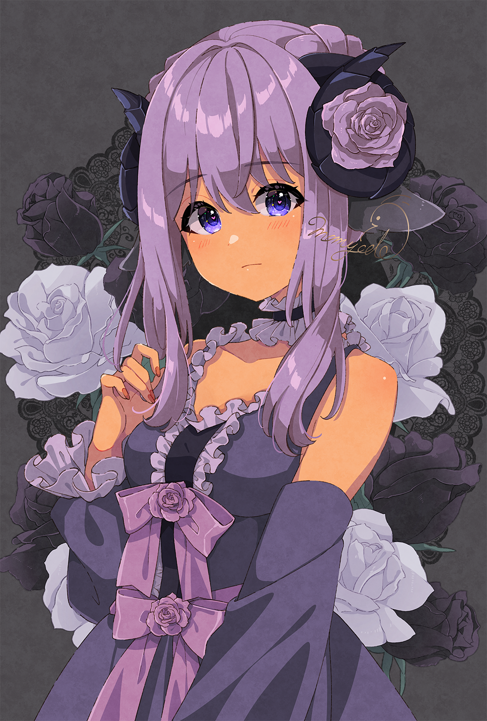 1girl bangs bare_shoulders black_flower black_rose blush bow breasts center_frills closed_mouth collarbone commentary commission curled_horns detached_sleeves doily dress eyebrows_visible_through_hair flower frills grey_background hair_between_eyes hand_up highres horns long_hair long_sleeves looking_at_viewer mamyouda nail_polish original puffy_long_sleeves puffy_sleeves purple_bow purple_flower purple_hair purple_rose purple_sleeves red_nails rose signature sleeveless sleeveless_dress sleeves_past_wrists small_breasts solo upper_body violet_eyes white_flower white_rose