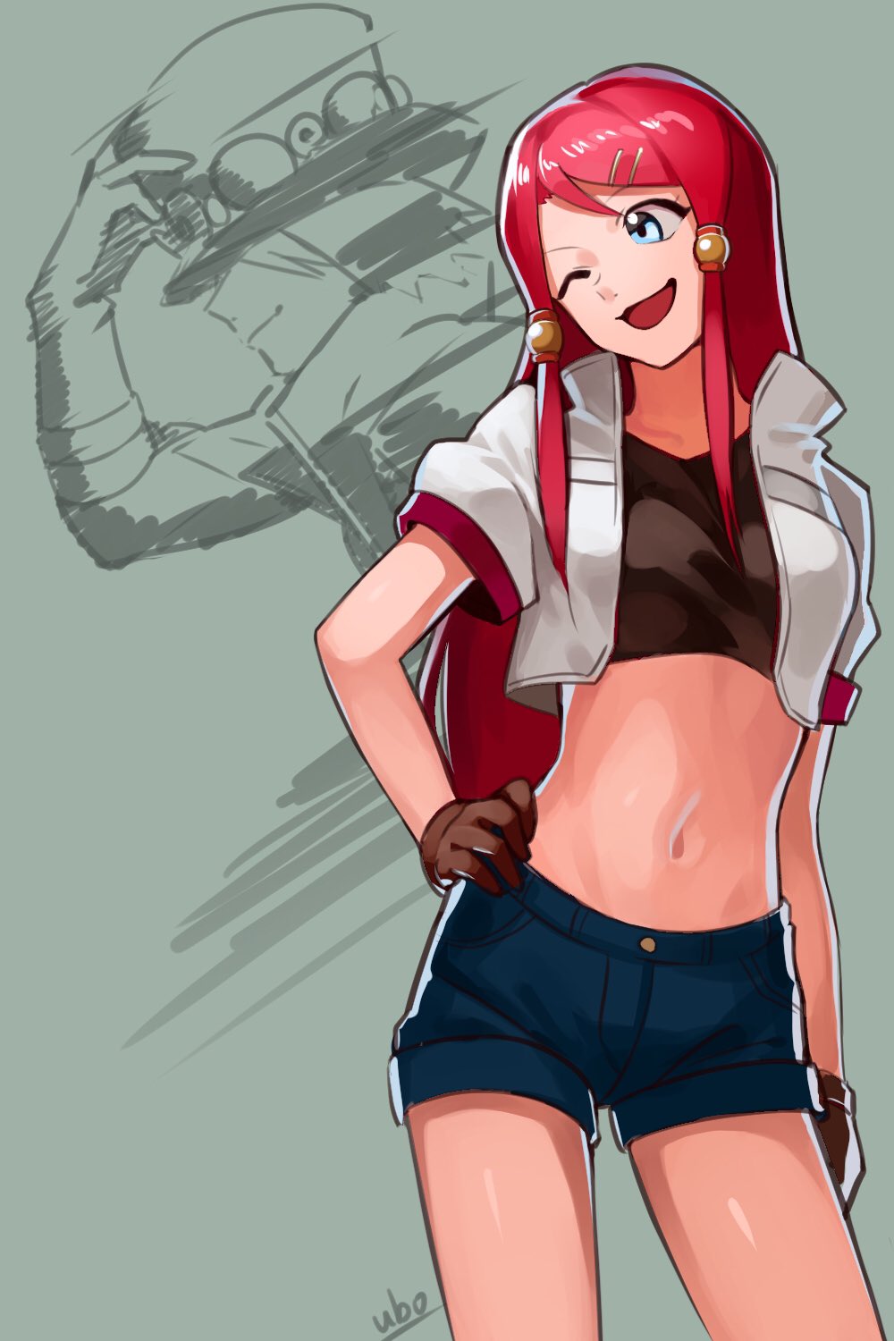 1girl ;d bangs blue_eyes blue_shorts brown_gloves collarbone contrapposto crop_top dezel_(tales) gloves grey_background hair_ornament head_tilt highres long_hair midriff navel one_eye_closed open_mouth redhead rose_(tales) shiny shiny_hair shiny_skin short_shorts shorts signature smile solo standing stomach swept_bangs tales_of_(series) tales_of_zestiria ubo_(ubo_tales) very_long_hair