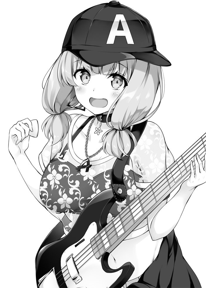 1girl :d bang_dream! baseball_cap bass_guitar blush breasts choker cowboy_shot crop_top cropped_shirt earrings greyscale hat holding holding_instrument indigorabbit instrument jewelry large_breasts looking_at_viewer low_twintails medium_hair monochrome navel open_mouth pendant pendant_choker plectrum see-through see-through_shirt shirt short_sleeves short_twintails sideways_hat simple_background smile solo standing stomach t-shirt twintails uehara_himari white_background