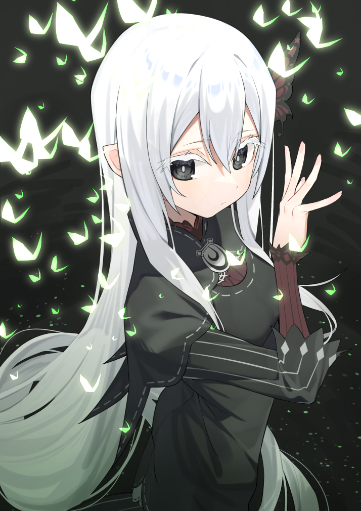 1girl bangs black_capelet black_dress breasts butterfly_hair_ornament capelet closed_mouth colored_eyelashes dress echidna_(re:zero) eyebrows_visible_through_hair grey_eyes hair_between_eyes hair_ornament layered_sleeves long_hair long_sleeves pointy_ears re:zero_kara_hajimeru_isekai_seikatsu small_breasts solo syhan very_long_hair white_hair