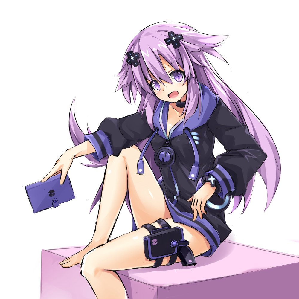 1girl adult_neptune barefoot blush breasts choker d-pad d-pad_hair_ornament hair_between_eyes hair_ornament himajin_(starmine) holster hood hooded_jacket jacket long_hair looking_at_viewer medium_breasts neptune_(series) shin_jigen_game_neptune_vii simple_background sitting smile solo thigh_holster unzipped white_background