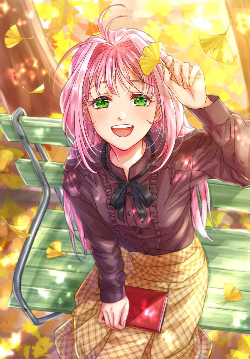 1girl :d akira_ituki autumn black_ribbon black_shirt book_on_lap dress_shirt from_above green_eyes hair_intakes leaf long_hair long_skirt long_sleeves looking_at_viewer macross macross_7 mylene_jenius neck_ribbon open_mouth pink_hair plaid plaid_skirt ribbon shirt sitting skirt smile solo very_long_hair yellow_skirt