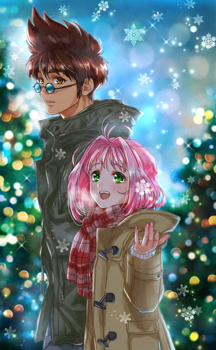 1boy 1girl :d akira_ituki blue-tinted_eyewear brown_coat brown_eyes brown_hair christmas coat green_coat green_eyes hair_intakes long_hair macross macross_7 mylene_jenius nekki_basara open_mouth outdoors parted_lips pink_hair plaid plaid_scarf red_scarf round_eyewear scarf shiny shiny_hair smile snowflakes spiky_hair sunglasses winter_clothes winter_coat