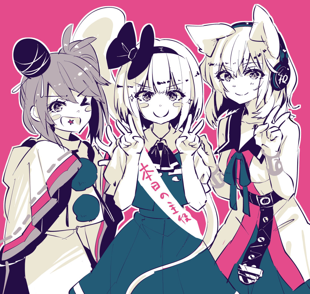 3girls double_v konpaku_youmu mononobe_no_futo multiple_girls outline pink_background simple_background syuri22 touhou toyosatomimi_no_miko v white_outline