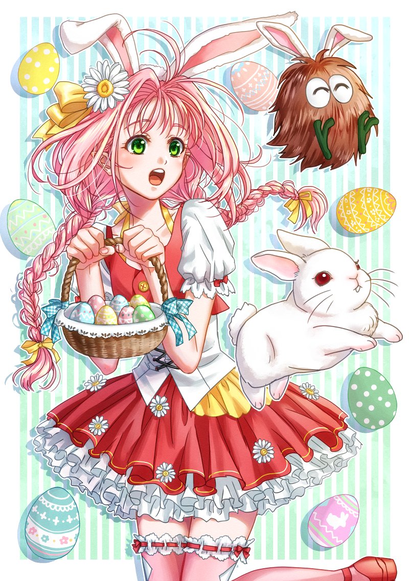 1girl akira_ituki animal_ears bangs basket bow braid collarbone dress_shirt easter_egg egg floating_hair flower green_eyes guvava hair_bow hair_flower hair_ornament hair_ribbon hair_tubes holding holding_basket layered_skirt long_hair macross macross_7 miniskirt mylene_jenius open_mouth pink_hair pink_legwear pleated_skirt rabbit rabbit_ears red_footwear red_skirt ribbon shirt short_sleeves skirt solo standing striped striped_background thigh-highs twin_braids very_long_hair white_flower white_shirt yellow_bow yellow_ribbon zettai_ryouiki