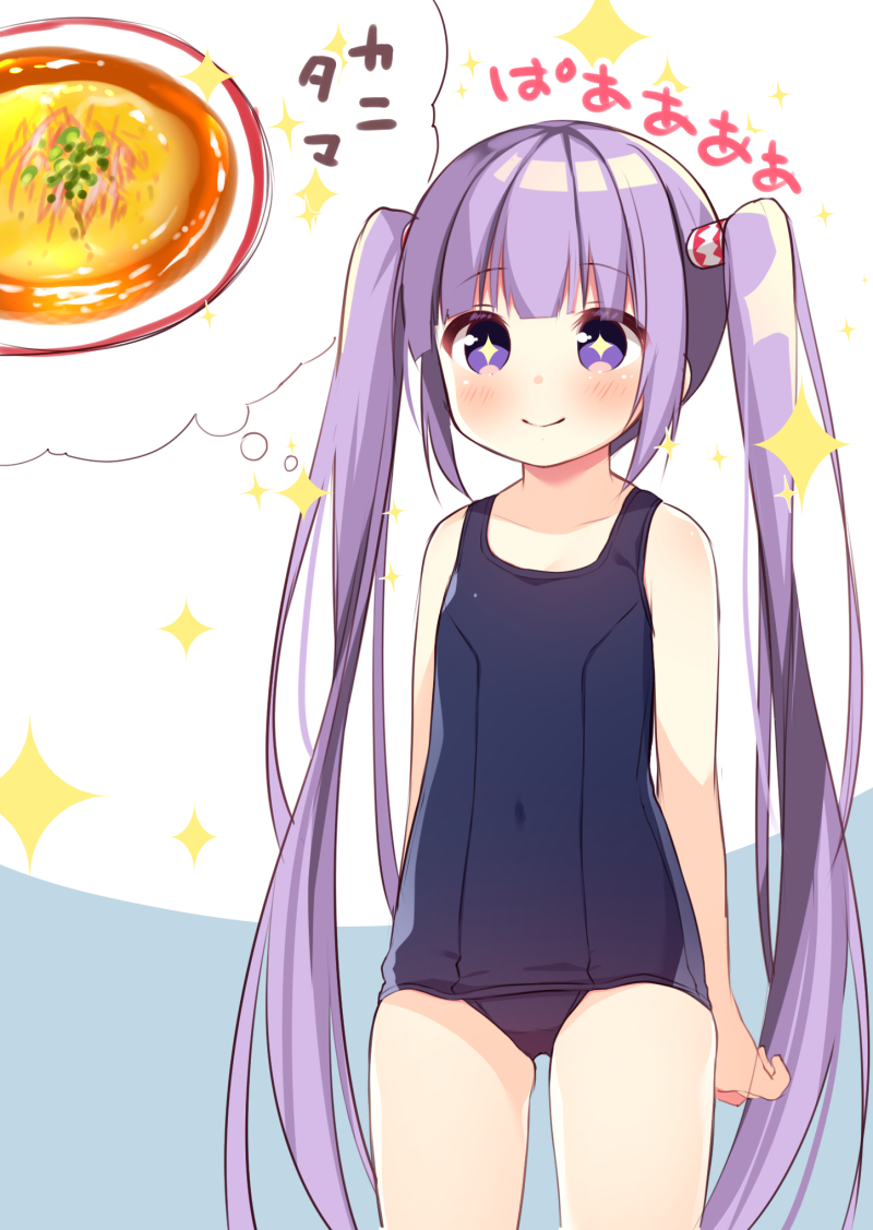 +_+ 1girl bangs bare_arms bare_shoulders blue_swimsuit blush closed_mouth collarbone copyright_request covered_navel eyebrows_visible_through_hair food grey_background hanamiya_natsuka long_hair old_school_swimsuit one-piece_swimsuit purple_hair school_swimsuit smile solo sparkle spoken_food swimsuit thought_bubble translated twintails two-tone_background very_long_hair violet_eyes white_background