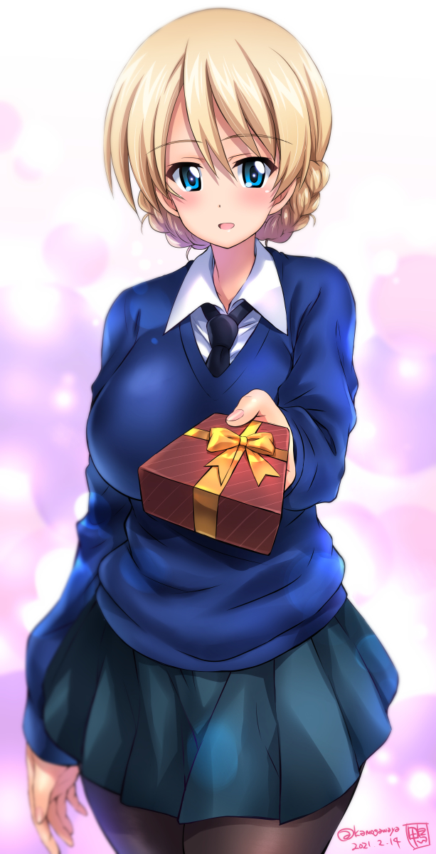 1girl :d bangs black_legwear blonde_hair blue_eyes blue_skirt blue_sweater blush bow box braid breasts collared_shirt darjeeling_(girls_und_panzer) dated eyebrows_visible_through_hair french_braid gift gift_box girls_und_panzer giving highres kamogawa_tanuki large_breasts long_sleeves looking_at_viewer necktie open_mouth pantyhose pleated_skirt school_uniform shirt short_hair signature skirt smile solo st._gloriana's_school_uniform sweater tied_hair twitter_username valentine white_shirt