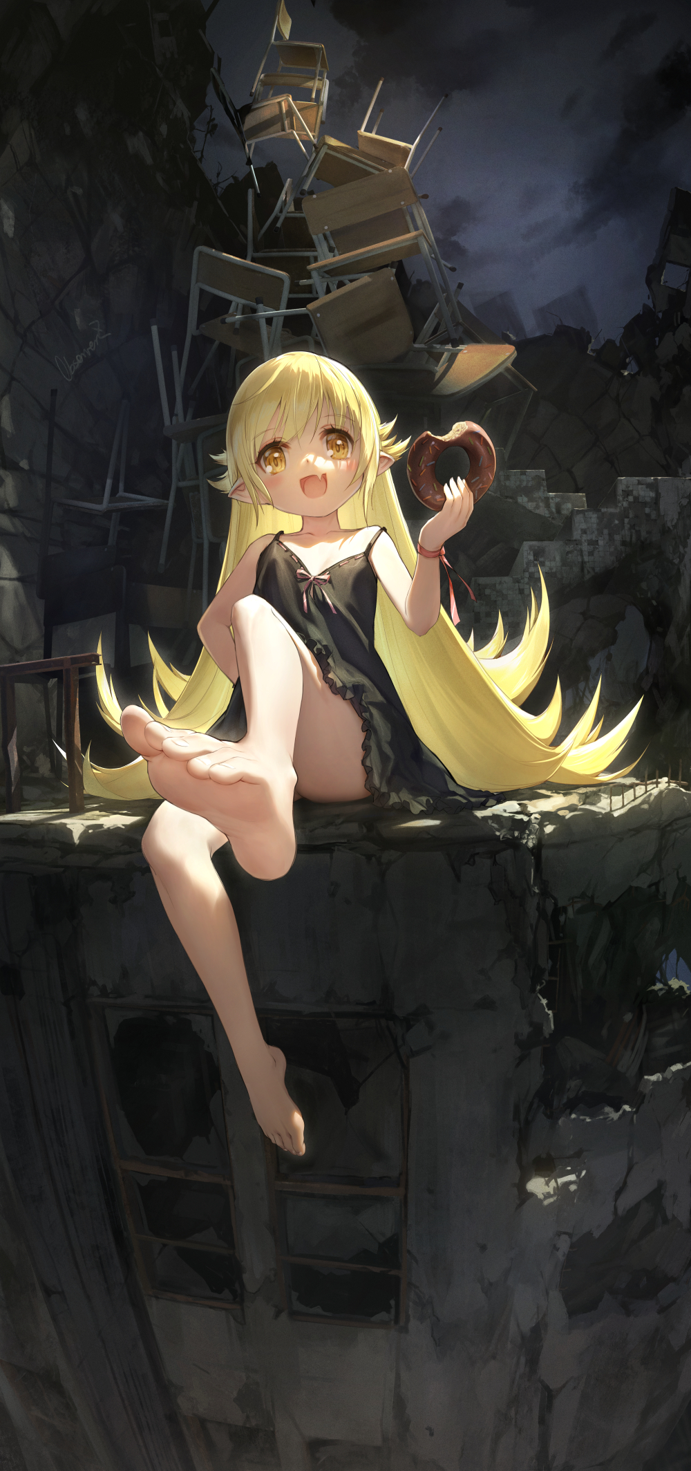 1girl bakemonogatari bare_arms bare_legs bare_shoulders barefoot blonde_hair breasts chair doughnut fang feet food full_body highres holding holding_food long_hair looking_at_viewer monogatari_(series) night night_sky nightgown observerz open_mouth oshino_shinobu outdoors pointy_ears red_ribbon ribbon ruins school_chair sitting skin_fang sky small_breasts smile soles solo toes very_long_hair wrist_ribbon yellow_eyes