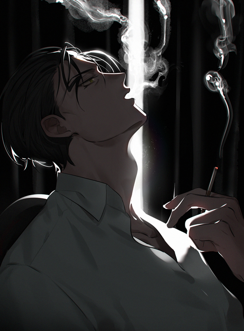 1boy akai_shuuichi bangs between_fingers black_hair cigarette collarbone collared_shirt commentary_request from_side green_eyes hand_up head_back holding holding_cigarette kanamura_ren looking_up male_focus meitantei_conan open_mouth profile shirt short_hair smoke smoking solo upper_body white_shirt