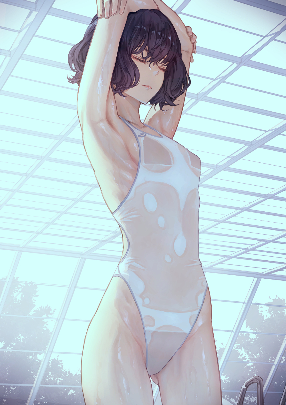 1girl armpits arms_up bangs breasts closed_eyes competition_swimsuit cowboy_shot hair_between_eyes highres kaoming ladder one-piece_swimsuit original pool pool_ladder rei_no_pool short_hair sideboob small_breasts solo standing stretch swimsuit tree wet wet_clothes white_swimsuit window