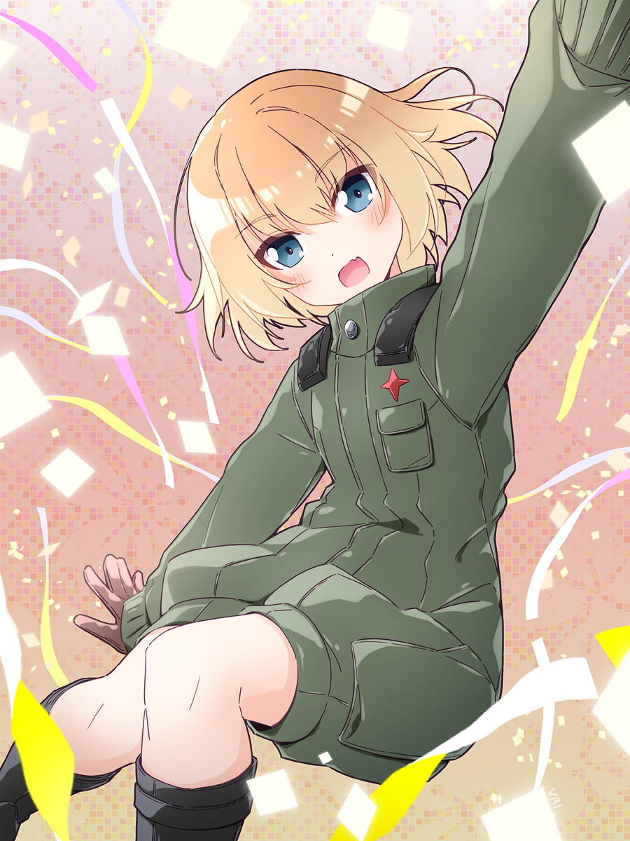 1girl bangs black_footwear black_gloves blonde_hair blue_eyes bob_cut boots confetti eyebrows_visible_through_hair fang floating girls_und_panzer gloves green_jumpsuit highres insignia jumpsuit katyusha_(girls_und_panzer) long_sleeves looking_at_viewer military military_uniform open_mouth outstretched_arms pravda_military_uniform short_hair short_jumpsuit skin_fang smile solo spread_arms streamers uniform vri_(tinder_box)