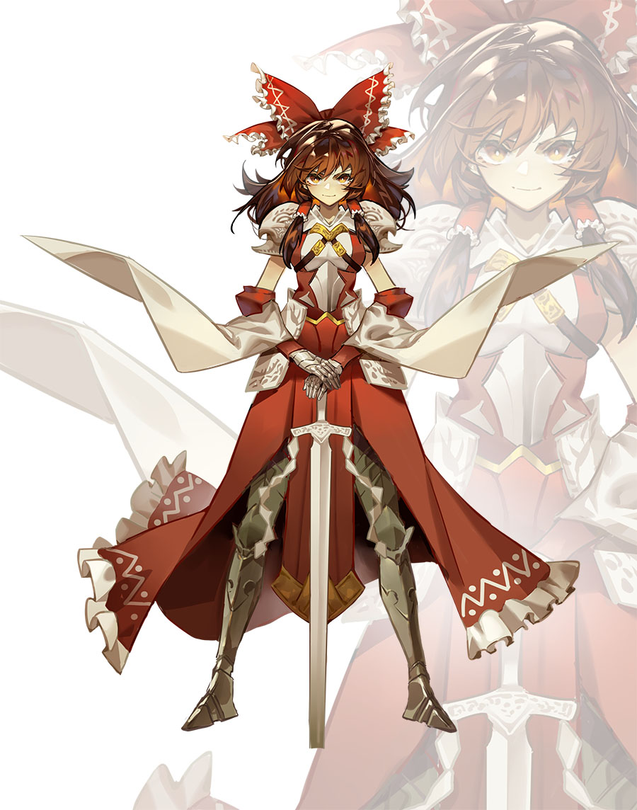 adapted_costume armor armored_boots boots bow breasts bright_pupils brown_eyes brown_hair detached_sleeves full_body gauntlets hair_bow hair_tubes hakurei_reimu hare_(yamihuji) long_hair looking_at_viewer medium_breasts planted_sword planted_weapon red_bow red_shirt red_skirt shide shirt shoulder_armor skirt smile sword tabard touhou weapon white_background white_pupils wide_sleeves zoom_layer