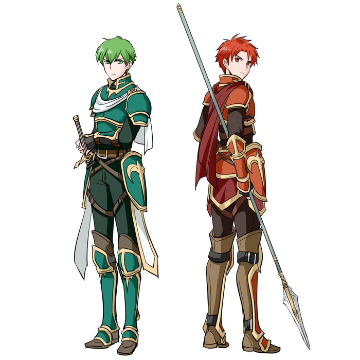2boys alen_(fire_emblem) armor back-to-back boots cape fire_emblem fire_emblem:_the_binding_blade full_body green_eyes green_hair holding holding_weapon kashiwabooks lance lance_(fire_emblem) looking_at_viewer looking_back multiple_boys polearm red_eyes redhead sword weapon