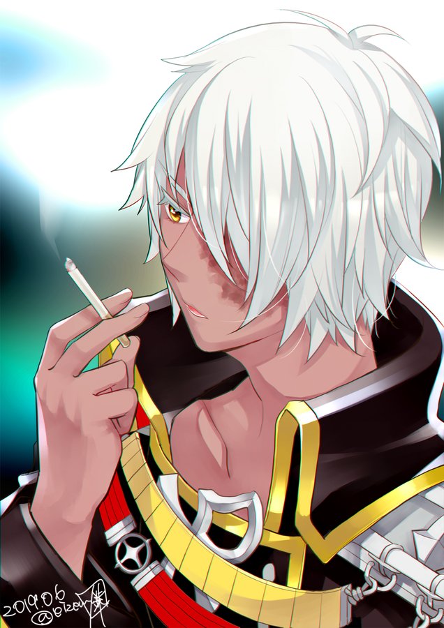 1boy bangs black_coat blurry blurry_background burn_scar cigarette closed_mouth coat collarbone commentary_request dated eizennn emblem eyes_visible_through_hair hair_over_one_eye long_sleeves looking_to_the_side male_focus ragnarok_online rebellion_(ragnarok_online) scar scar_on_face short_hair signature smoking solo tan upper_body white_hair yellow_eyes