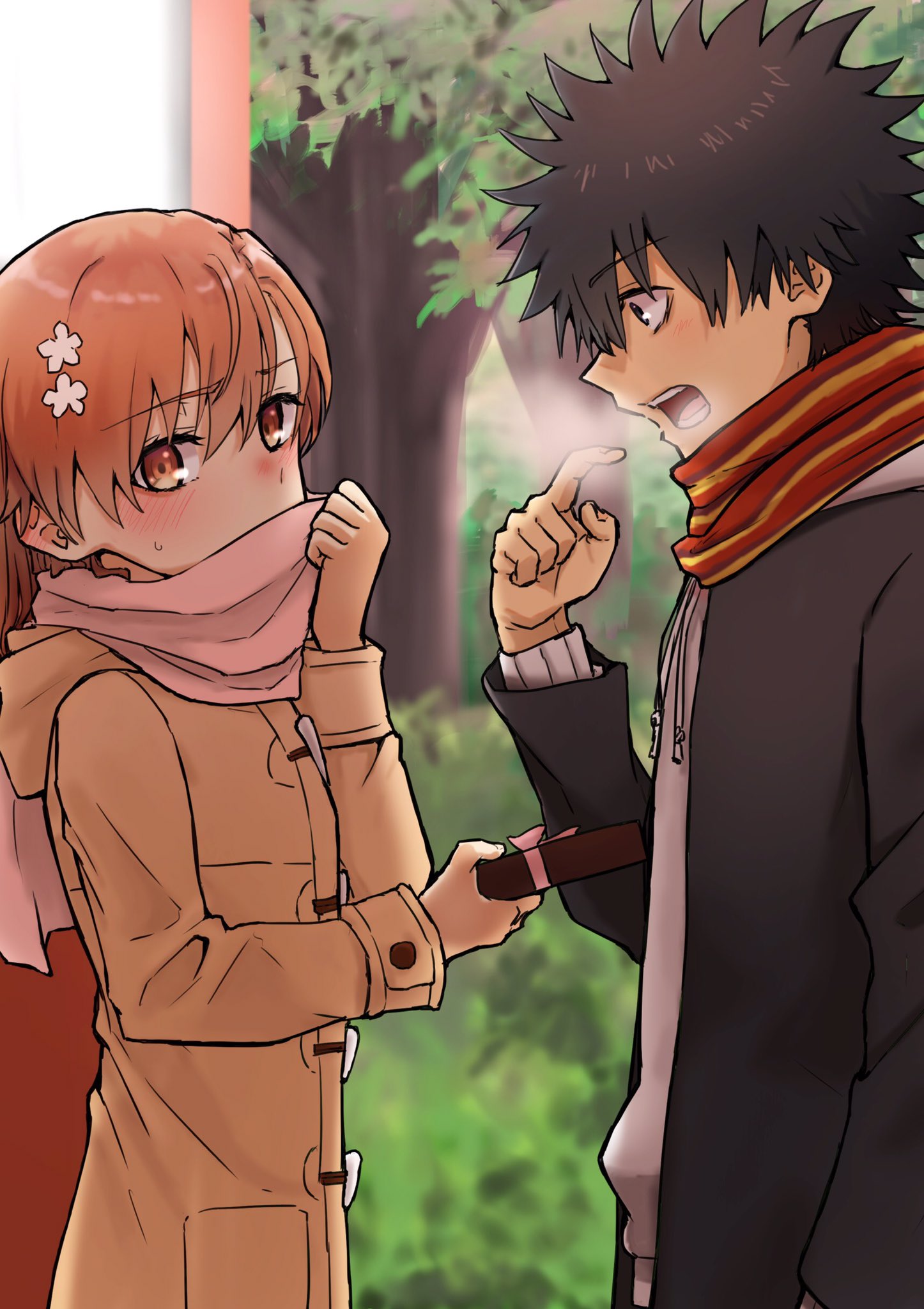 1boy 1girl aic_oekaki arm_at_side bangs black_coat black_eyes black_hair blush bob_cut bow box_of_chocolates breath brown_coat brown_scarf bush candy coat commentary covering_mouth embarrassed face-to-face flower foliage food hair_between_eyes hair_flower hair_ornament hairclip hand_to_own_mouth hetero highres holding holding_candy holding_food hood hood_down hoodie kamijou_touma looking_at_another looking_away misaka_mikoto nervous nose_blush offering park pink_bow pink_ribbon pink_scarf pointing pointing_at_self red_scarf ribbon scarf short_hair spiky_hair striped striped_scarf sweatdrop toaru_kagaku_no_railgun toaru_majutsu_no_index toggles tree upper_body valentine vending_machine white_flower white_hoodie yellow_scarf