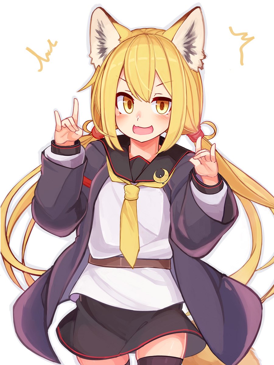 1girl ^^^ animal_ears bangs black_legwear black_sailor_collar black_skirt blonde_hair blush commentary crescent fox_ears fox_shadow_puppet fox_tail highres jacket kantai_collection long_hair long_sleeves low_twintails open_mouth reitou_mikan remodel_(kantai_collection) sailor_collar satsuki_(kancolle) school_uniform serafuku skirt solo tail thigh-highs twintails yellow_eyes yellow_neckwear