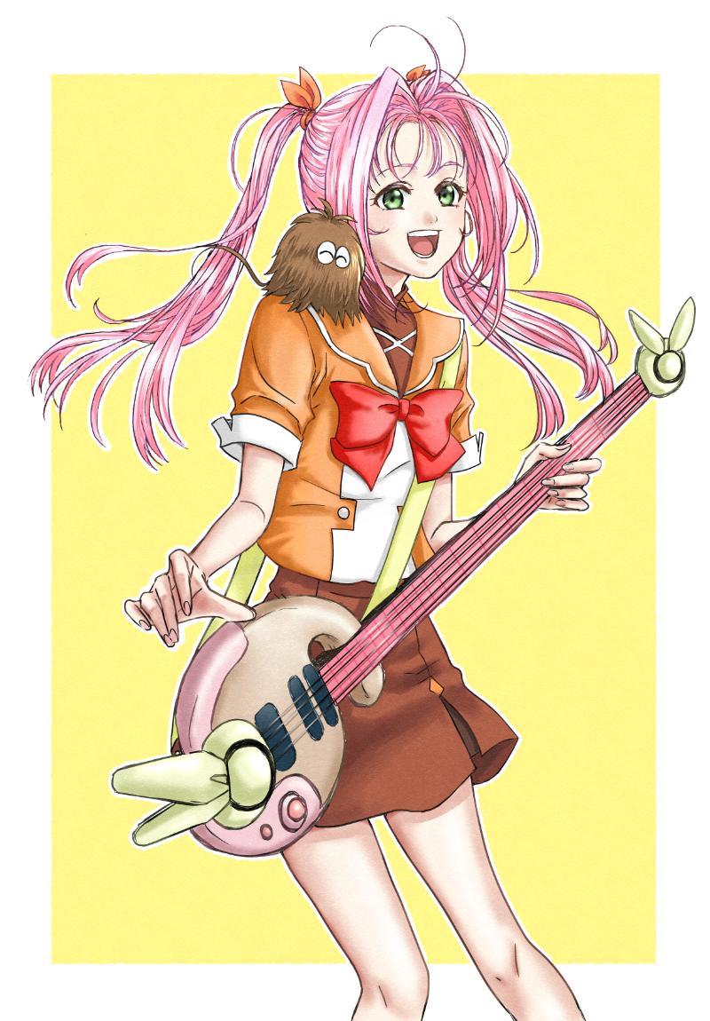 1girl :d akira_ituki animal_on_shoulder border bow bowtie brown_skirt cowboy_shot floating_hair green_eyes guitar guvava instrument long_hair macross macross_7 miniskirt mylene_jenius open_mouth orange_shirt outside_border pink_hair red_bow red_neckwear school_uniform shiny shiny_hair shirt short_sleeves skirt smile solo standing twintails very_long_hair white_border