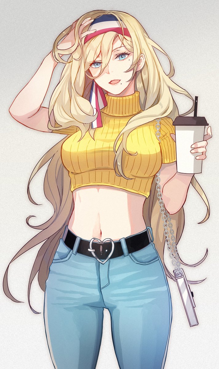 1girl belt black_belt blonde_hair blue_eyes blue_pants coffee_cup cowboy_shot cup denim disposable_cup grey_background hair_between_eyes highres holding holding_cup jeans kantai_collection kasumi_(skchkko) long_hair mole mole_under_eye mole_under_mouth navel open_mouth pants ribbed_sweater richelieu_(kancolle) solo sweater yellow_sweater