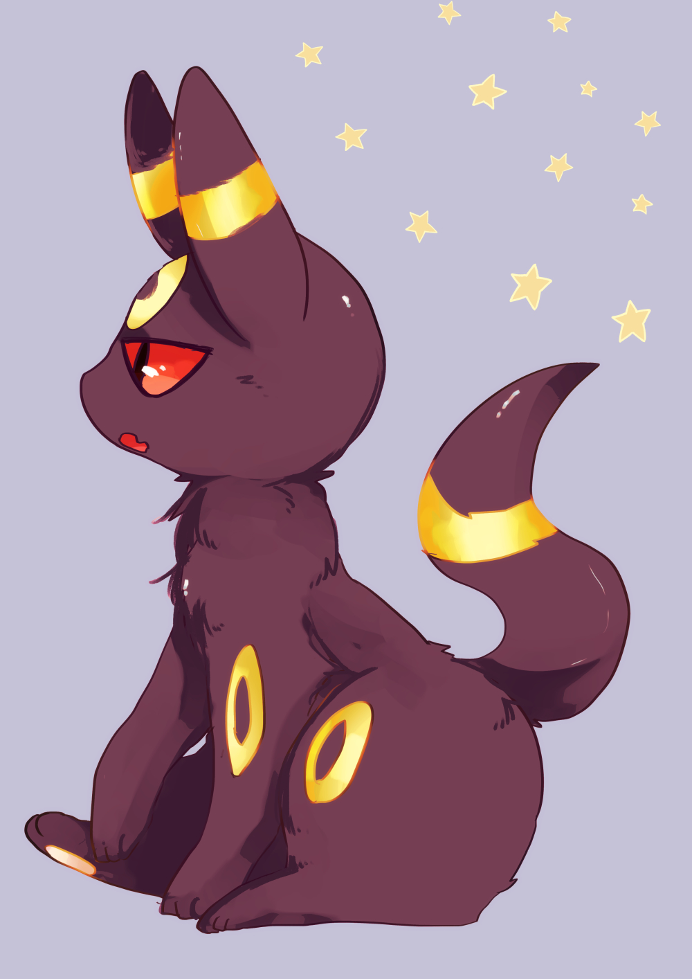 animal_focus banchiku black_eyes colored_sclera commentary_request fang from_side full_body gen_2_pokemon half-closed_eyes highres no_humans open_mouth pawpads pokemon pokemon_(creature) profile purple_background red_sclera sideways_mouth simple_background sitting skin_fang star_(symbol) umbreon