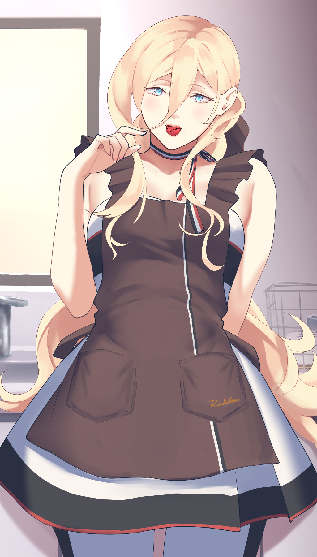 1girl apron aqua_eyes bangs blonde_hair breasts brown_apron candy chocolate dress eyebrows_visible_through_hair food frilled_apron frills hair_between_eyes highres kantai_collection long_hair looking_at_viewer mole mole_under_eye mole_under_mouth mouth_hold pantyhose richelieu_(kancolle) shingyou_(alexander-13) sink solo strapless strapless_dress valentine very_long_hair white_dress