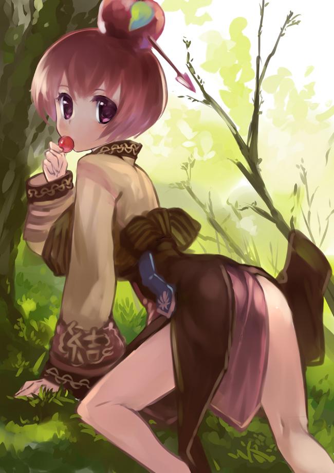 1girl apple_o_archer apple_on_head arrow_(projectile) ass blush brown_jacket brown_skirt commentary_request day eating feet_out_of_frame grass hair_between_eyes jacket kneepits long_sleeves looking_at_viewer looking_back okishiji_en outdoors ragnarok_online red_eyes redhead short_hair skirt solo soul_linker_(ragnarok_online) tree
