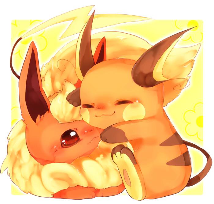 :3 animal_focus banchiku blonde_hair blush blush_stickers border closed_eyes closed_mouth commentary_request flareon fluffy gen_1_pokemon happy hug jpeg_artifacts looking_at_another no_humans nose_blush outside_border pawpads pokemon pokemon_(creature) raichu red_eyes short_hair simple_background sitting smile white_border yellow_background