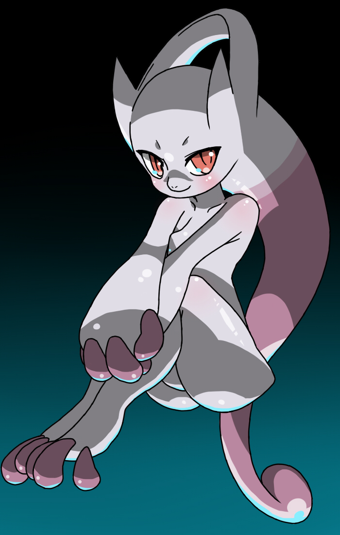 1girl aqua_background black_background blush breasts chizi collarbone commentary_request full_body gen_1_pokemon gradient gradient_background hands_together invisible_chair knees_up legendary_pokemon legs_together mega_mewtwo_y mega_pokemon mewtwo no_nipples pokemon pokemon_(creature) red_eyes shiny shiny_skin simple_background sitting small_breasts solo v_arms