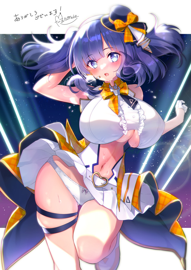 1girl :o arm_behind_head ass_visible_through_thighs azur_lane baltimore_(azur_lane) baltimore_(azur_lane)_(cosplay) baltimore_(muse)_(azur_lane) bangs bare_shoulders blue_eyes blue_hair blunt_bangs blush bow breasts center_frills center_opening clothing_cutout commentary_request commission cosplay cowboy_shot crop_top eyebrows_visible_through_hair frills gloves hair_between_eyes half_gloves hat headset heart_buckle idol large_breasts looking_at_viewer maronie. mini_hat navel navel_cutout orange_bow original panties pantyshot pleated_skirt shirt sidelocks skeb_commission skindentation skirt skirt_lift sleeveless sleeveless_shirt solo standing standing_on_one_leg sweat translation_request twintails under_boob underboob_cutout underwear white_footwear white_gloves white_panties white_shirt white_skirt