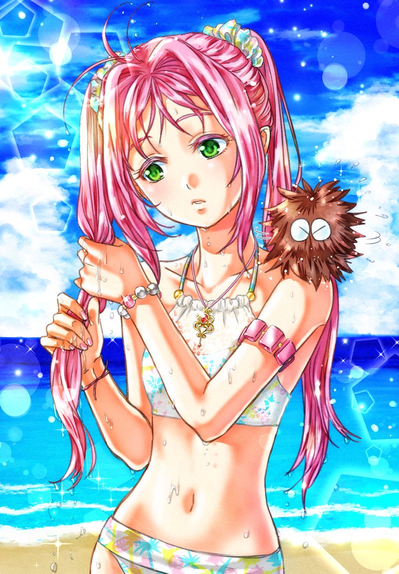 1girl akira_ituki animal_on_shoulder arm_strap beach bikini collarbone flat_chest green_eyes guvava hair_intakes hair_ornament hair_scrunchie long_hair macross macross_7 mylene_jenius navel ocean pink_hair print_bikini scrunchie shiny shiny_hair solo standing swimsuit twintails very_long_hair wet wet_hair white_bikini