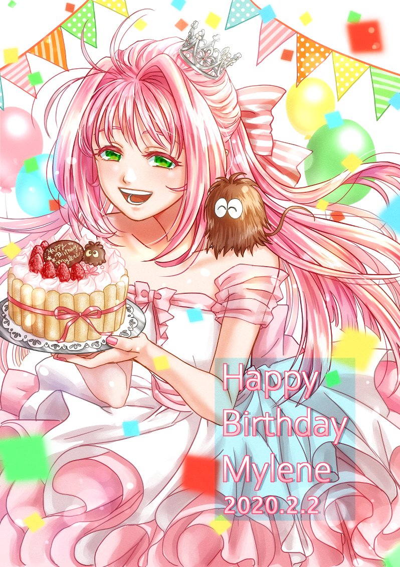 1girl 2020 :d akira_ituki animal_on_shoulder balloon cake character_name collarbone dated dress floating_hair food green_eyes guvava hair_intakes happy_birthday holding layered_dress long_hair macross macross_7 mylene_jenius open_mouth pink_hair shiny shiny_hair sleeveless sleeveless_dress smile solo strapless strapless_dress very_long_hair white_dress