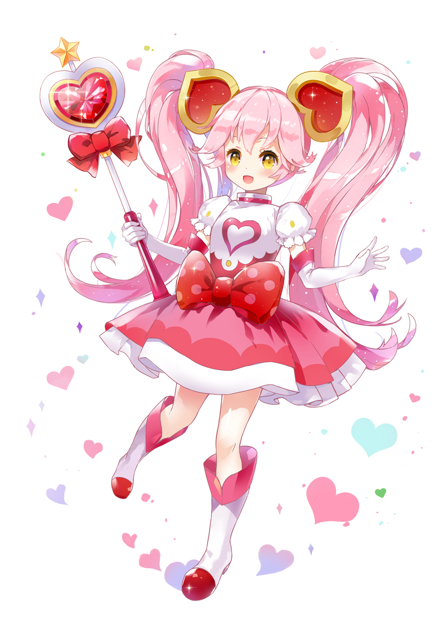 #compass 1girl :d artist_request boots bow dress elbow_gloves full_body gloves hair_ornament heart heart_hair_ornament highres holding holding_wand knee_boots long_hair looking_at_viewer magical_girl open_mouth pink_dress pink_hair polka_dot polka_dot_bow puffy_sleeves red_bow ririka_(#compass) shiny shiny_hair simple_background smile solo twintails waist_bow wand white_background white_footwear white_gloves yellow_eyes