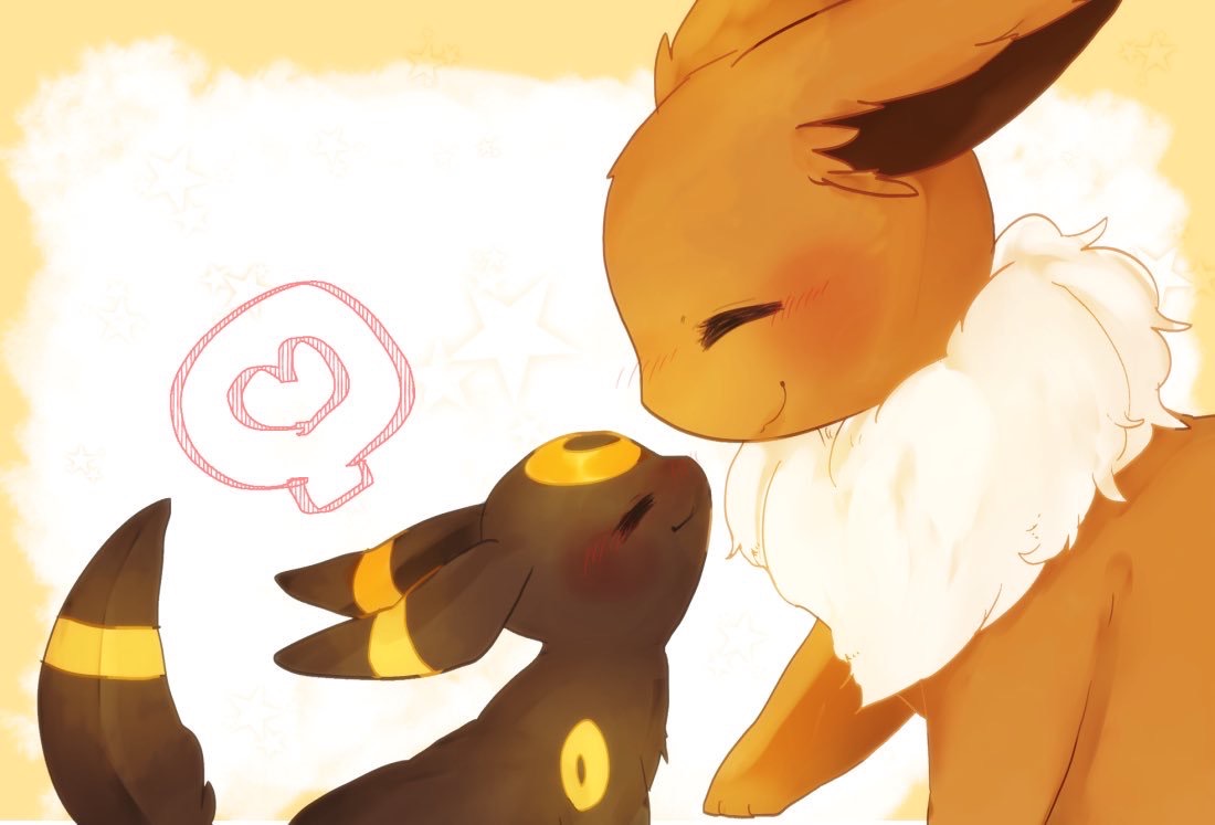 :3 animal_focus banchiku blush border closed_eyes closed_mouth commentary_request eevee fluffy from_side gen_1_pokemon gen_2_pokemon happy heart jpeg_artifacts no_humans nose_blush outside_border pokemon pokemon_(creature) profile simple_background size_difference smile speech_bubble spoken_heart star_(symbol) starry_background umbreon upper_body white_background yellow_border