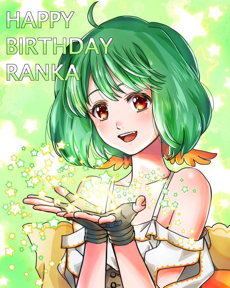 1girl :d ahoge akira_ituki bangs character_name collarbone fingerless_gloves gloves green_background green_hair happy_birthday macross macross_frontier medium_hair open_mouth ranka_lee red_eyes shiny shiny_hair smile solo spaghetti_strap upper_body