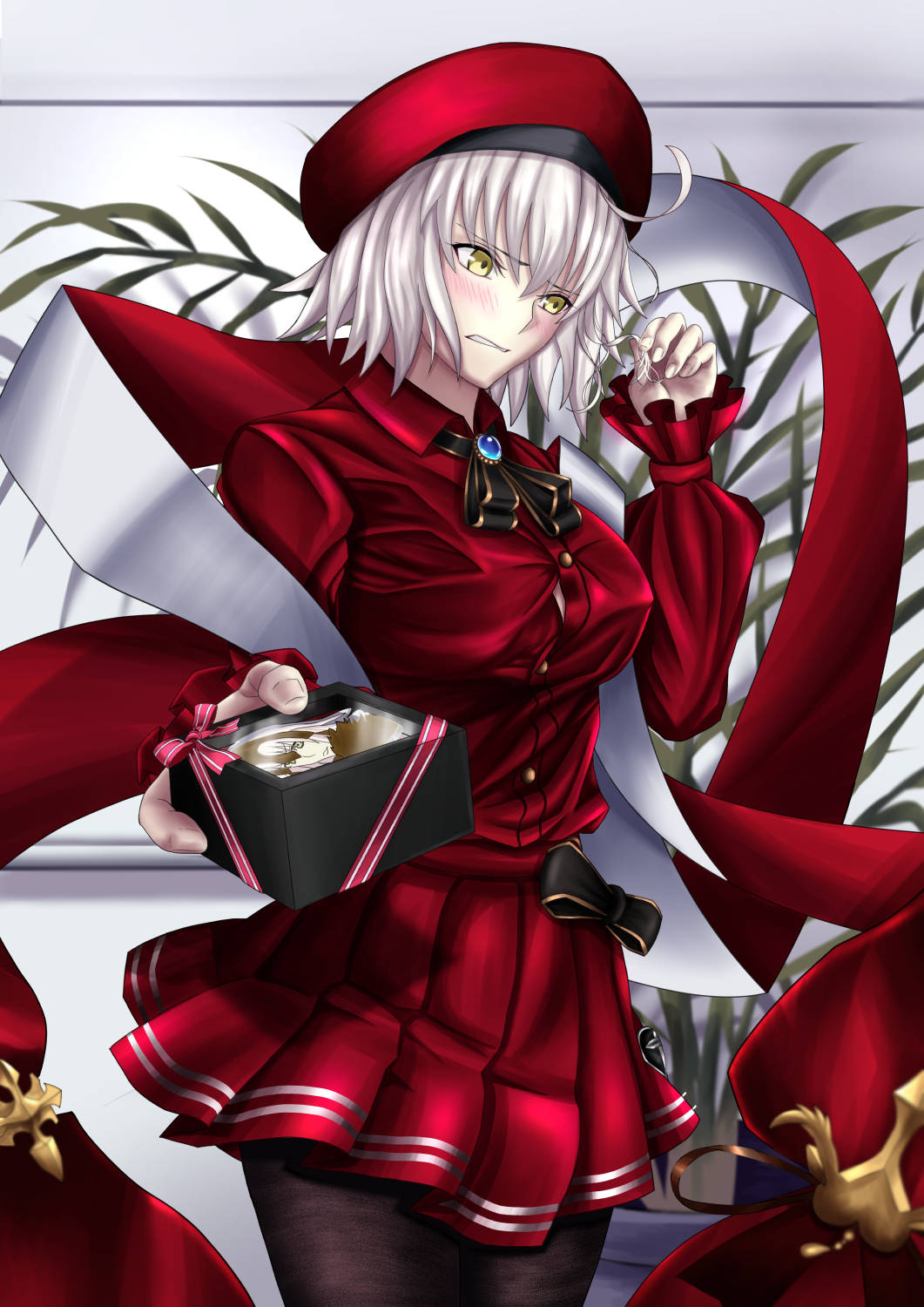 1girl ahoge artist_request bangs beret black_legwear blush box breasts brooch caren_hortensia_(amor_caren) caren_hortensia_(amor_caren)_(cosplay) chocolate clenched_teeth cosplay dress fate/grand_order fate_(series) gift gift_box hat highres jeanne_d'arc_(alter)_(fate) jeanne_d'arc_(fate)_(all) jewelry large_breasts long_sleeves looking_to_the_side neck_ribbon pantyhose red_dress red_headwear ribbon shawl short_hair silver_hair teeth thighs yellow_eyes