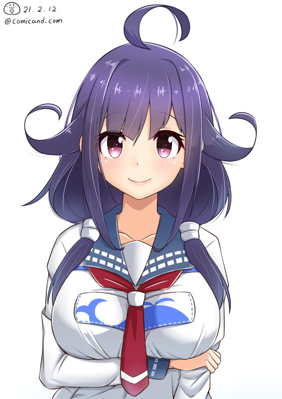 1girl ahoge animal_print blue_sailor_collar breasts commentary_request dated fish_print hair_flaps kantai_collection large_breasts low_twintails magatama neckerchief purple_hair red_eyes red_neckwear sailor_collar shiromaru_(maniado) simple_background solo taigei_(kancolle) twintails twitter_username upper_body whale_print white_background