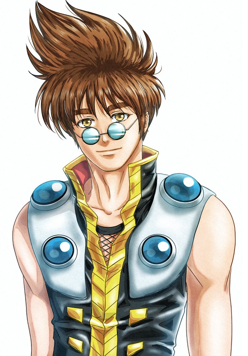 1boy akira_ituki brown_hair closed_mouth collarbone looking_at_viewer looking_over_eyewear macross macross_7 male_focus nekki_basara shiny shiny_hair simple_background sleeveless smile spiky_hair upper_body white_background yellow_eyes