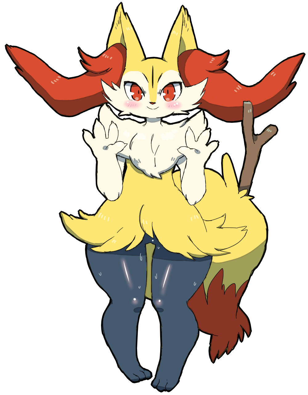 1girl animal_ear_fluff animal_ears animal_nose black_fur black_outline blush body_fur braixen chizi claws closed_mouth commentary_request fox_ears fox_girl fox_tail full_body furry gen_6_pokemon hands_up happy highres looking_at_viewer outline paws pigeon-toed pokemon pokemon_(creature) red_eyes shiny shiny_skin simple_background smile solo standing stick sweat tail white_background white_fur wide_hips yellow_fur