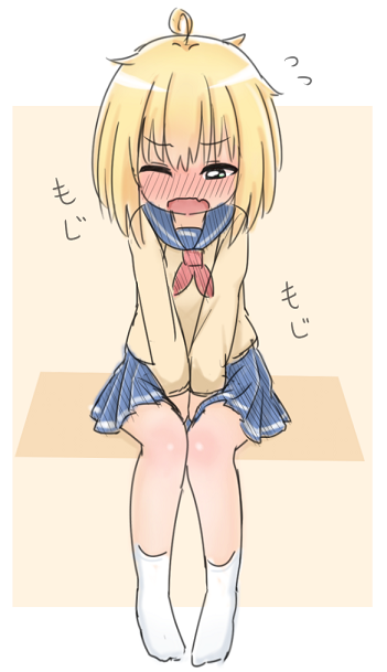 1girl ahoge beige_sweater between_legs bibi_(bibi47881139) black_eyes blonde_hair blue_sailor_collar blue_skirt blush border commentary embarrassed eyebrows_visible_through_hair fang flying_sweatdrops full_body half-closed_eye hand_between_legs hands_together have_to_pee knees_together_feet_apart long_sleeves looking_down neckerchief one_eye_closed open_mouth original pigeon-toed pleated_skirt red_neckwear sailor_collar school_uniform serafuku short_hair simple_background sitting skirt socks solo sweater translated v_arms white_border white_legwear yellow_background