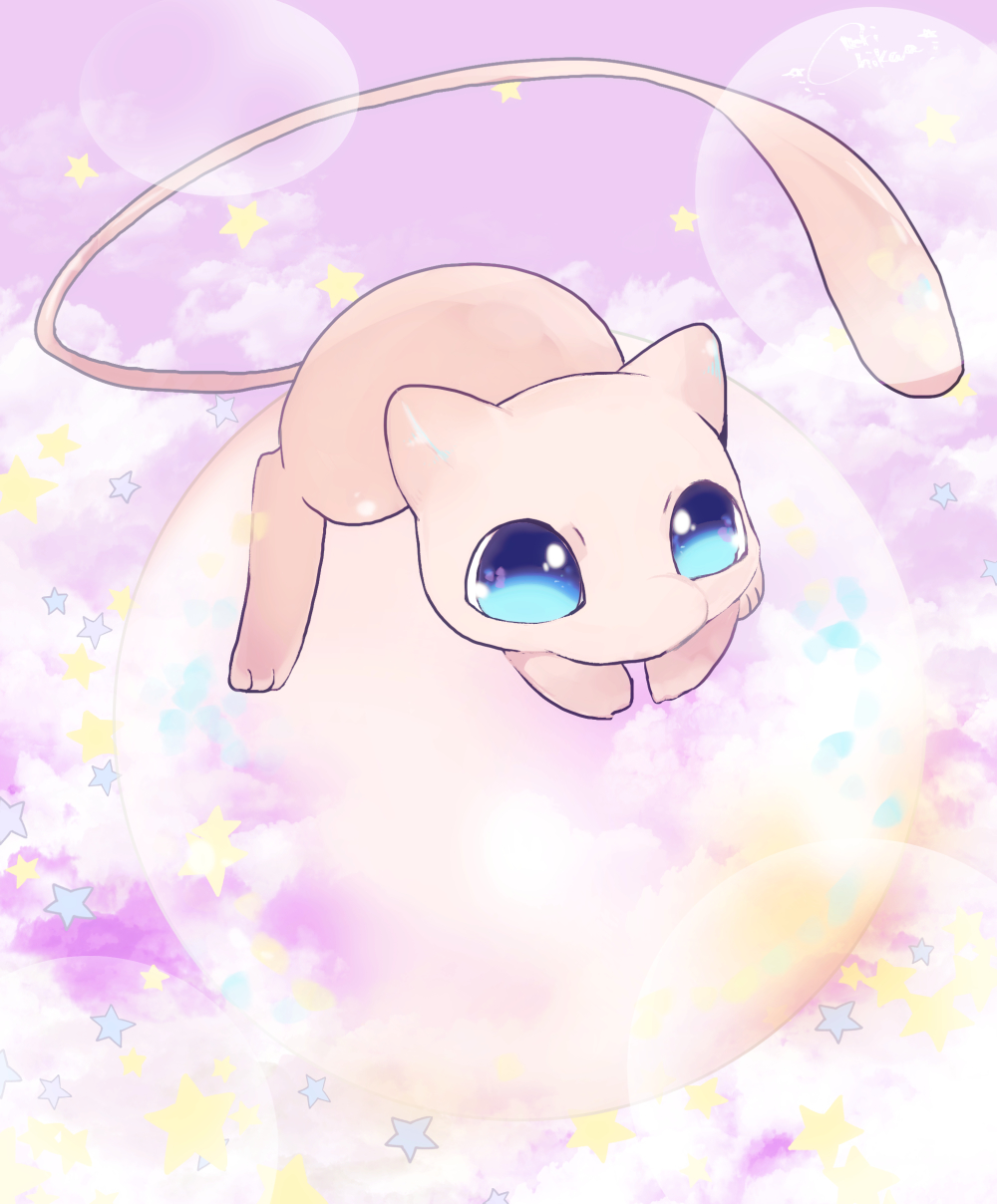 animal_focus artist_name banchiku blue_eyes bubble commentary_request full_body gen_1_pokemon highres legendary_pokemon lying mew mythical_pokemon no_humans on_stomach pink_background pink_theme pokemon pokemon_(creature) signature solo star_(symbol) starry_background