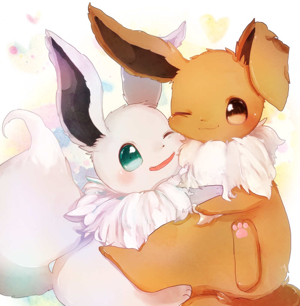 :3 alternate_color animal_focus aqua_eyes banchiku blush brown_eyes cheek-to-cheek closed_mouth commentary_request eevee fang fluffy gen_1_pokemon happy heart hug no_humans one_eye_closed open_mouth pokemon pokemon_(creature) shiny_pokemon simple_background smile spread_legs white_background