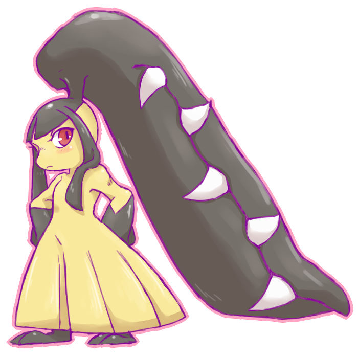 1girl black_hair blush chizi closed_mouth commentary_request extra_mouth full_body gen_3_pokemon hands_on_hips light_blush long_hair mawile outline pink_outline pokemon pokemon_(creature) red_eyes sharp_teeth shiny shiny_hair simple_background solo standing teeth white_background