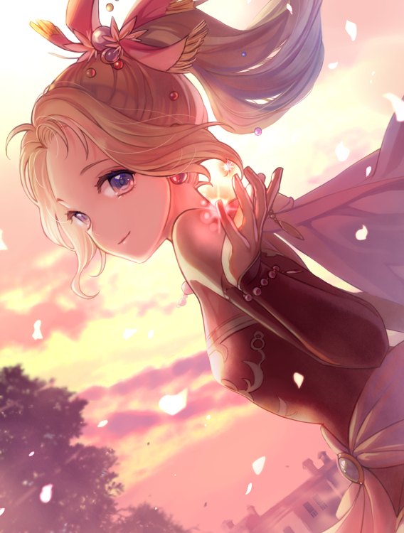 1girl blonde_hair blue_eyes blurry blurry_background closed_mouth detached_sleeves dutch_angle earrings fire_emblem fire_emblem:_the_binding_blade floating_hair guinevere_(fire_emblem) hair_intakes jewelry long_hair long_sleeves looking_at_viewer petals ponytail red_sleeves smile solo upper_body youheiogm