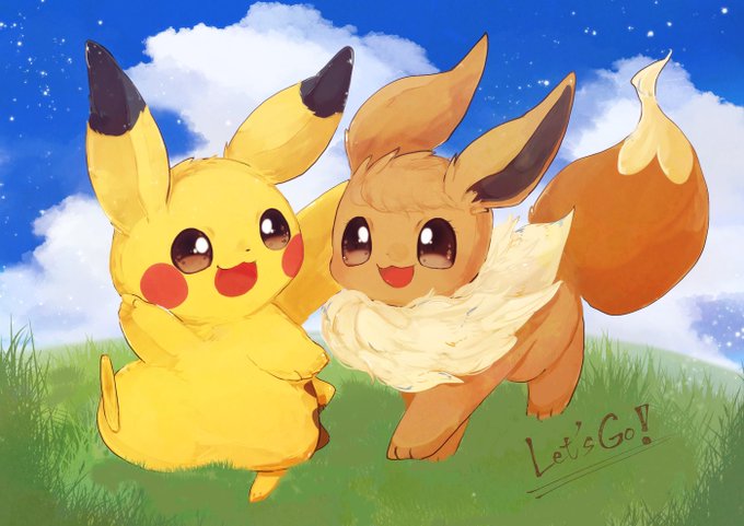 :3 animal_focus arm_up banchiku bangs blue_sky blush blush_stickers brown_eyes clouds commentary_request copyright_name day eevee english_text eye_contact fluffy gen_1_pokemon grass happy jpeg_artifacts light_blush looking_at_another no_humans open_mouth outdoors pikachu pokemon pokemon_(creature) pokemon_(game) pokemon_lgpe sky smile swept_bangs walking