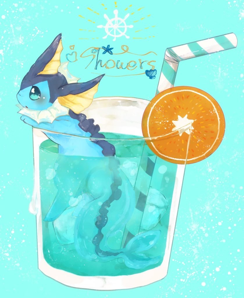 animal_focus banchiku blue_background blue_eyes blue_theme blush character_name commentary_request cup drink drinking_glass drinking_straw english_text food food_focus from_behind fruit gen_1_pokemon heart ice ice_cube jpeg_artifacts no_humans open_mouth orange orange_slice pokemon pokemon_(creature) simple_background solo striped vaporeon