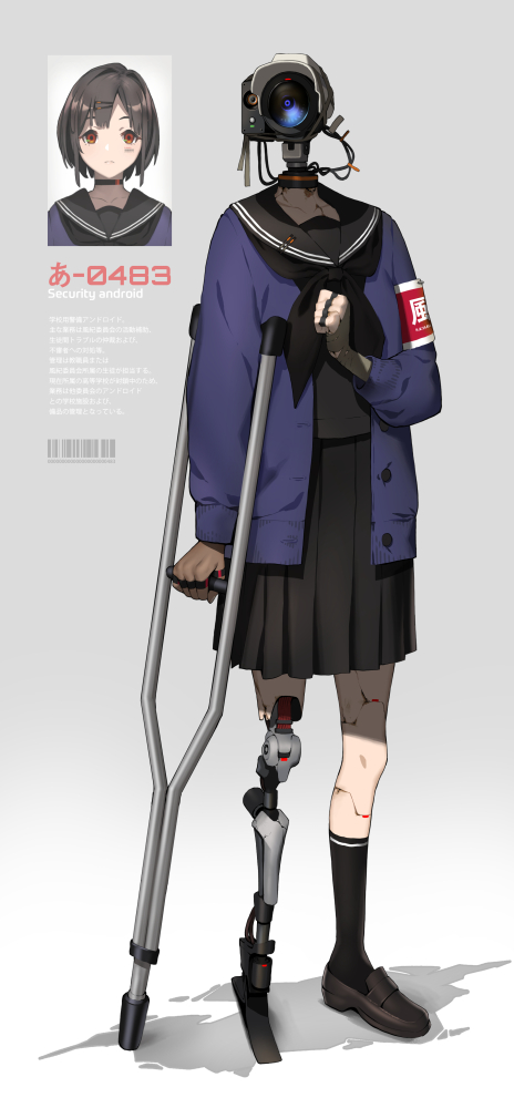1girl android armband bangs blazer breasts brown_hair cardigan choker clenched_hand collarbone crutch dress english_text full_body gloves hair_ornament holding jacket kneehighs long_sleeves looking_at_viewer mechanical_parts original pleated_skirt prosthesis prosthetic_leg robot school_uniform security_camera serafuku short_hair simple_background skirt socks solo standing tagme translation_request uniform white_background wire zenmaibook