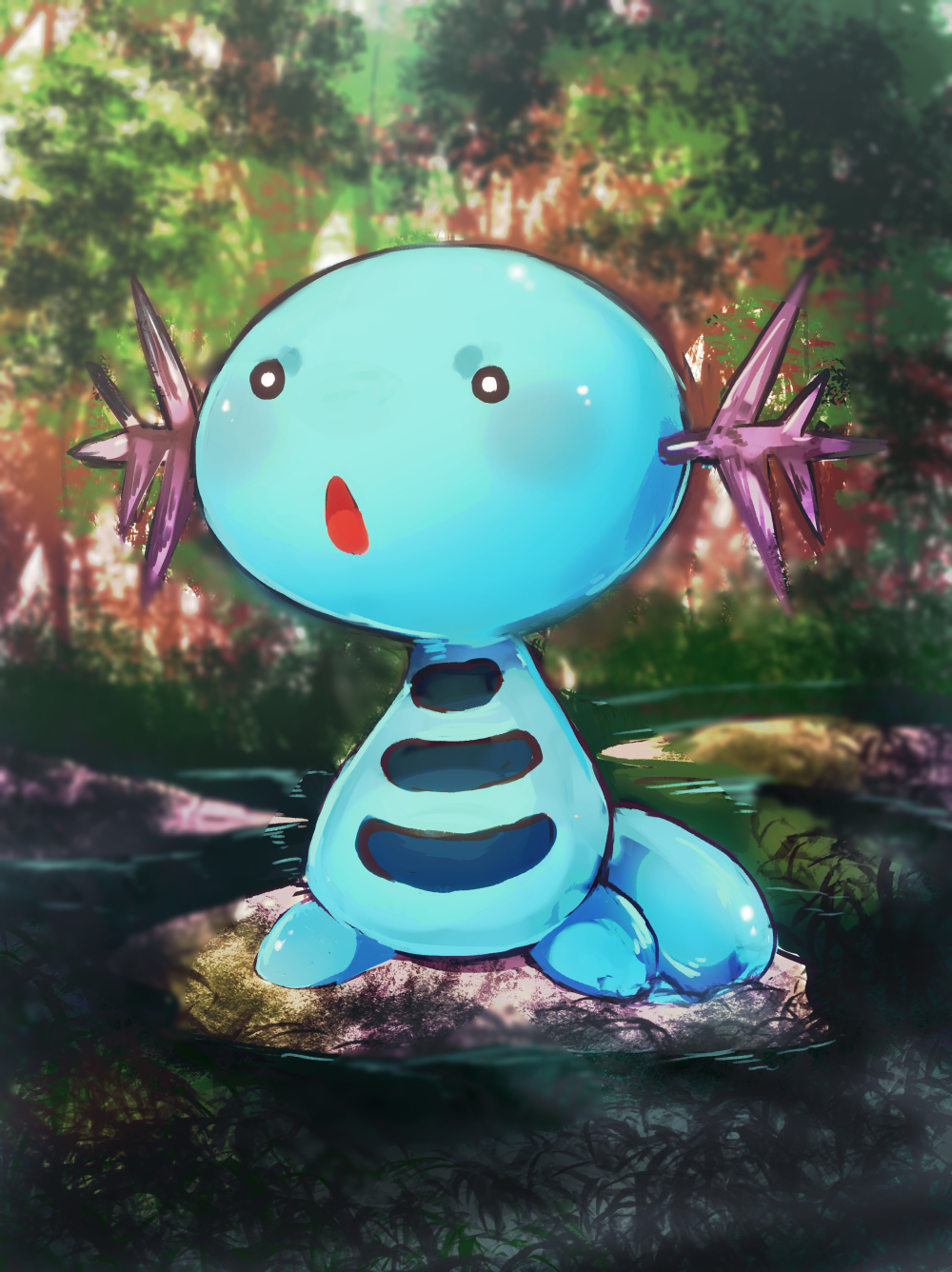 animal_focus banchiku blurry blurry_background blush commentary_request day full_body gen_2_pokemon grass highres light_blush no_humans open_mouth outdoors pokemon pokemon_(creature) solo standing stream tree water white_eyes wooper