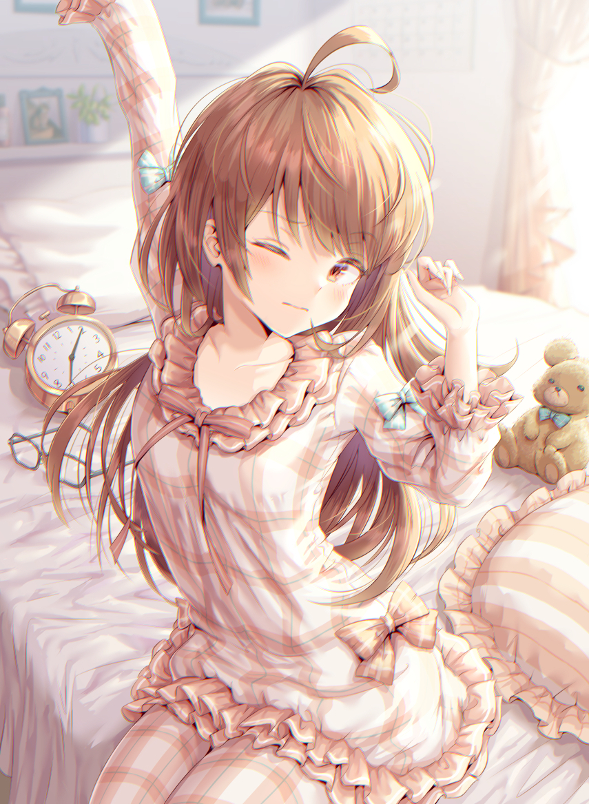 1girl ahoge alarm_clock arm_up bed blue_bow blurry bow brown_eyes brown_hair clock closed_mouth collarbone commentary_request depth_of_field eyebrows_visible_through_hair eyewear_removed frilled_shirt frilled_sleeves frills hand_up hirokazu_(analysis-depth) indoors long_hair long_sleeves messy_hair on_bed one_eye_closed orange_bow original outstretched_arm pajamas pants pillow plaid plaid_pajamas plaid_pants plaid_shirt shirt sitting sitting_on_bed sleeve_bow solo stretch stuffed_animal stuffed_toy sunlight teddy_bear waking_up