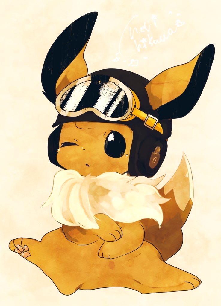 animal_focus artist_name aviator_cap banchiku black_eyes clothed_pokemon commentary_request ears_through_headwear eevee eyewear_on_head fluffy full_body gen_1_pokemon goggles jpeg_artifacts no_humans one_eye_closed open_mouth pawpads pokemon pokemon_(creature) signature sitting solo star_(symbol)